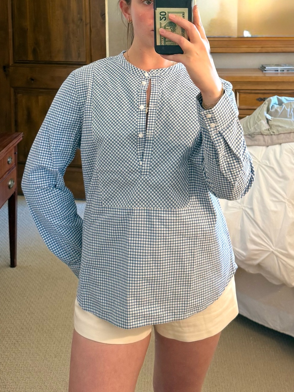 Longchamp Blue and White Gingham Button-Neck Blouse
